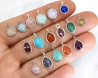 925 Sterling Silver Mini Drop Gemstone Charm, Tiny Bezel Pendant