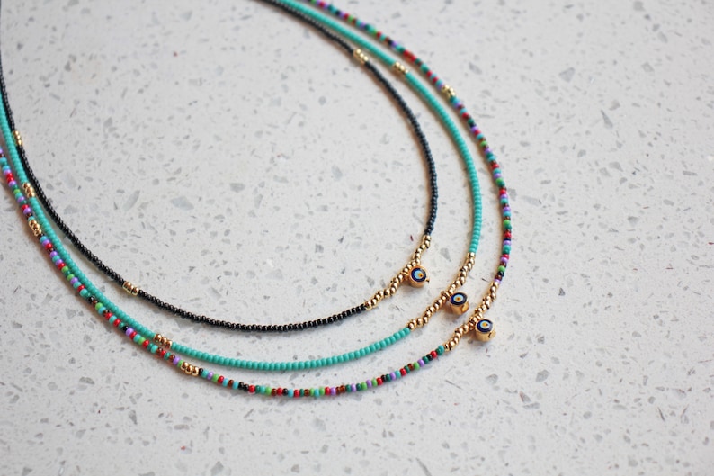 Gold Evil Eye Necklace Dainty Seed Bead Necklace / Please Ask Etsy