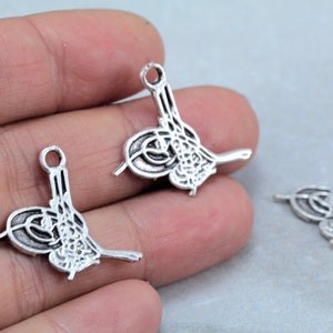 Antique Silver Plated Ottoman Pendant, 26mm Brass Ottoman Sign Charm 5 pcs