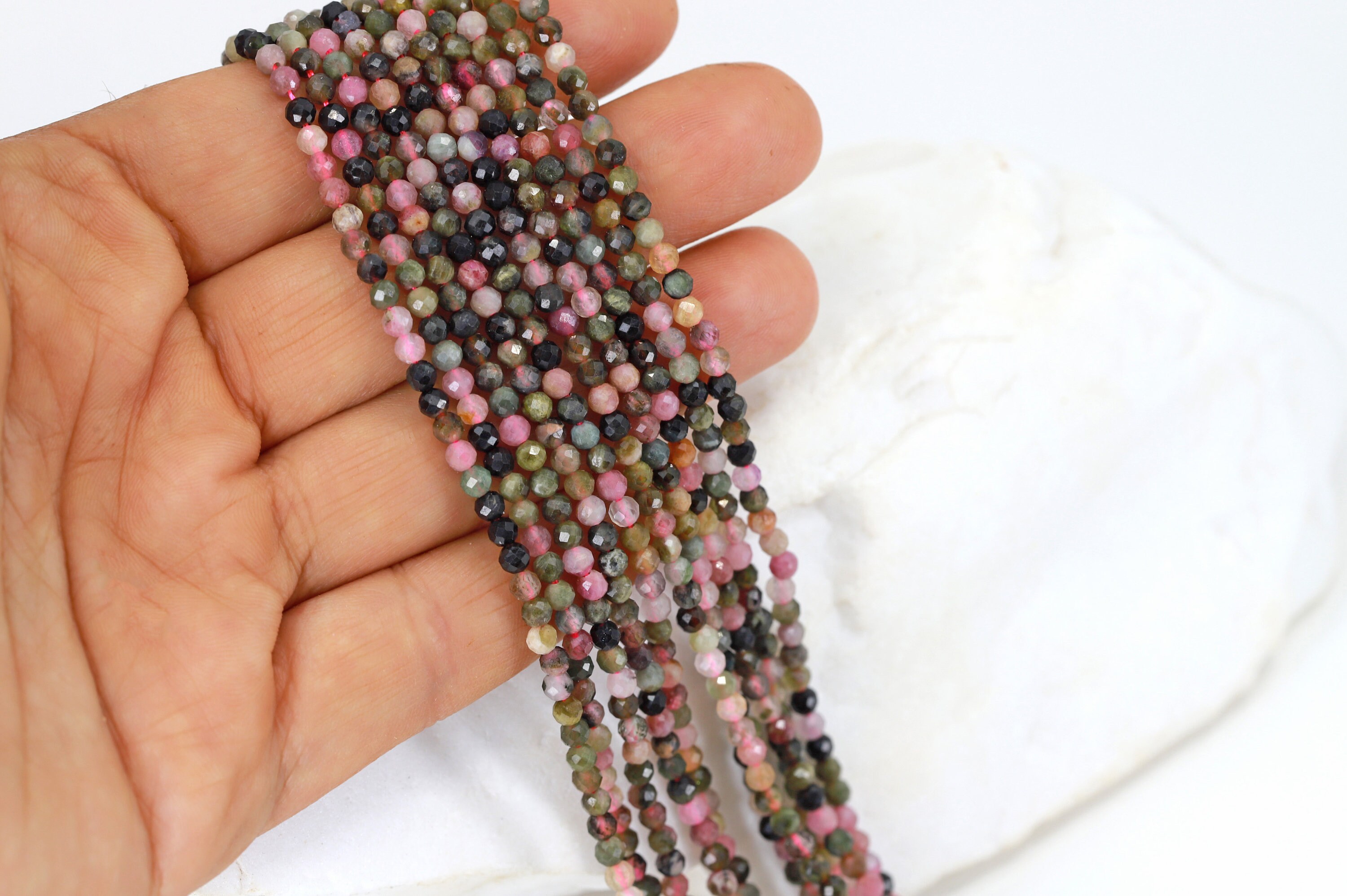 Ganesh Gems Perline Di Tormalina Naturale Micro Sfaccettate, 2 Mm, Filo Da 35,5 Cm - Per Creazione Gioielli Fai Da Te