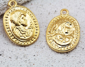 34mm Old Coin Pendants, Matte/Shiny Gold Plated Metal Replica Greek Coin 1 pc / GPY-520