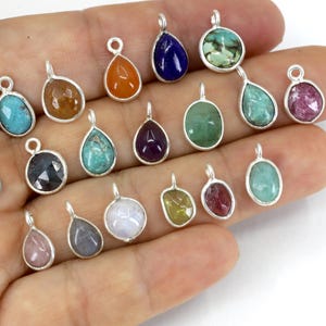 925 Sterling Silver Mini Drop Gemstone Charm, Tiny Bezel Pendant