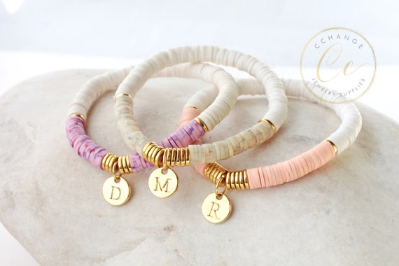Gold Initial Charm Bracelet, Elastic Heishi Bracelets, Personalized Jewelry / Please Ask for Wholesale Prices / HBB626