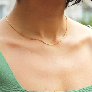 May include: A delicate gold chain necklace worn by a model in a green top.