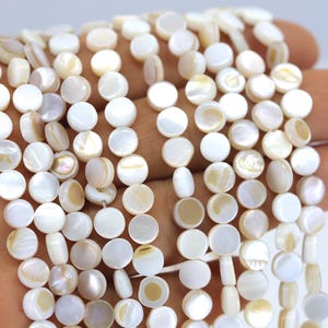 Könnte beinhalten: Eine Strähne runder Muschelkugeln in Weiß und Creme. Die Perlen sind glatt und haben einen leichten irisierenden Glanz.