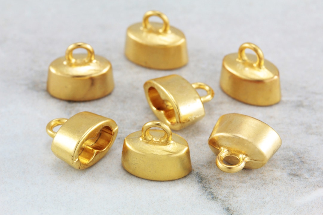 10mm Oval End Caps, Matte Gold Plated Metal 3mm Round Double Hole Cord