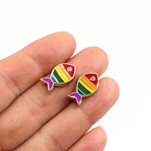 Enamel Colorful Fish Charm, Double Sided Metal Fish Beads, 16mm Handmade Slider Fish Pendant