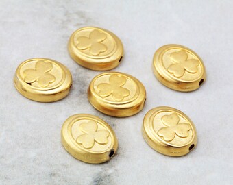 Gold Plated Clover Charm, 11mm Metal Oval Bead 5 pcs / GPY-147