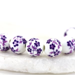 12mm Flower Painted Ceramic Beads, 10pcs Round Floral Ceramic Beads