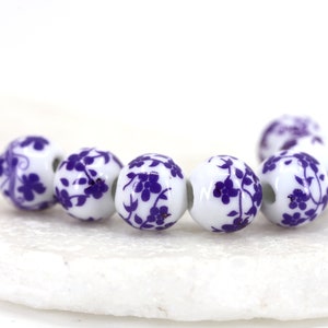 12mm Flower Painted Ceramic Beads, 10pcs Round Floral Ceramic Beads