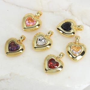 Heart Charm Pendant with Gemstone, Gold Plated Puffy Heart Jewelry, Cubic Zirconia Heart Beads for DIY Necklace & Bracelet Making