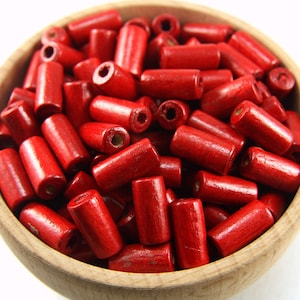 12mm Red Wood Tube Bead, Natural Wood Dyed Beads 50 pcs / WBT12-05