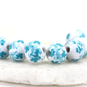 12mm Flower Painted Ceramic Beads, 10pcs Round Floral Ceramic Beads