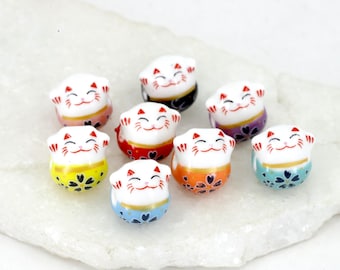 5 pcs Mini Ceramic Lucky Cat Beads, Maneki Neko Charms, Colorful Fortune Cats for Jewelry Making or Gifts / CRB-18