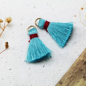 Op de afbeelding: Twee turquoise blauwe kwastcharms met gouden springringen en rode trim. De kwasten bevinden zich op een witte achtergrond.
