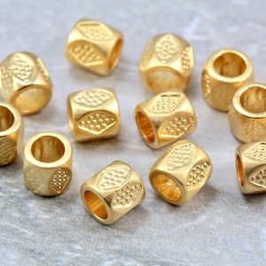8mm Barrel Charms, Matte Gold Plated Metal Large Hole Beads 5 pcs / GPY-099