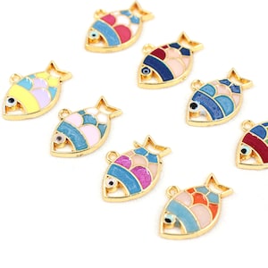 Enamel Colorful Fish Pendant, 15mm Handmade Metal Enamel Fish Charm 1 Piece