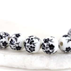 12mm Flower Painted Ceramic Beads, 10pcs Round Floral Ceramic Beads