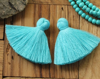 2 pcs Turquoise Cotton Tassels, Handmade Bohemian Jewelry Trim | TAS-L#31