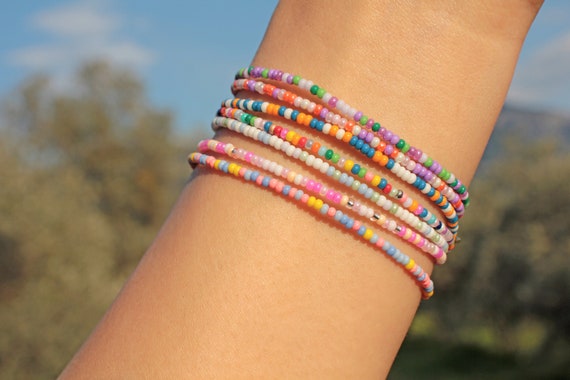 Rainbow Seed Bead Bracelet, Minimalist Beaded Bracelet, Dainty