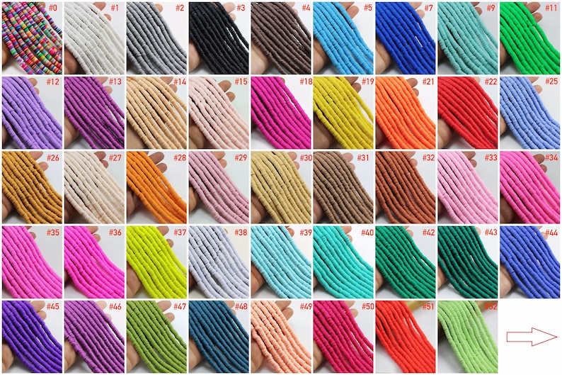May include: A collection of 52 strands of colorful polymer clay beads. Each strand is numbered and features a different color. The beads are small and cylindrical, with a slightly rounded shape.
