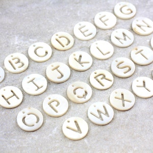 Natural Shell Alphabet Pendants, 11mm Coin Shell Initial Charms / SLC-02