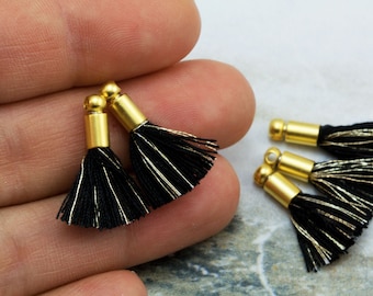 2cm Gold-Black Mini Cotton Tassel with Gold Cap, 2pcs Craft Trim Supplies / T20GRC#19
