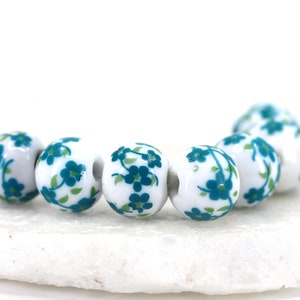 12mm Flower Painted Ceramic Beads, 10pcs Round Floral Ceramic Beads