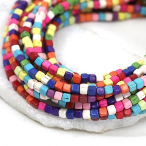 4mm Rainbow Howlite Cube Beads, Multicolor Square Disc Rondelle Natural Stones / HWL-MC04