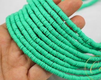 4mm Green Heishi Disc Beads, Surfer Necklace Heishi Bead, 1 Strand Fimo Record Beads, Colorful Polymer Clay Crafting Beads / FD4-30