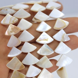 May include: A strand of white and cream-coloured shell beads in a fan shape. The beads are strung together on a clear thread.