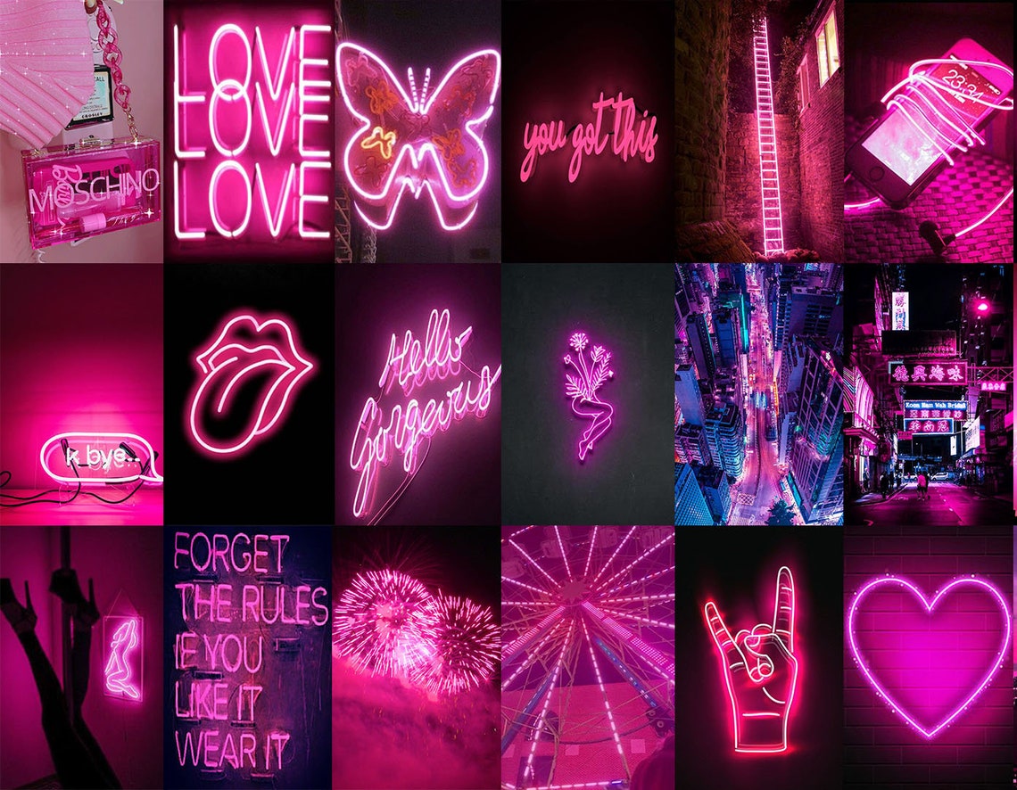 Pink Neon Photo Collage Kit Hot Pink Aesthetic Baddie Room Etsy