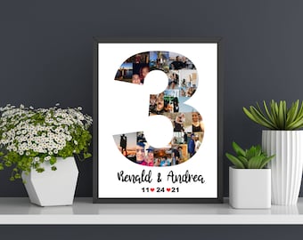Custom Third Anniversary Collage for Wife, Custom 3rd Anniversary Gift, Third Anniversary Photo Collage Gift, Number Photo Collage for Him