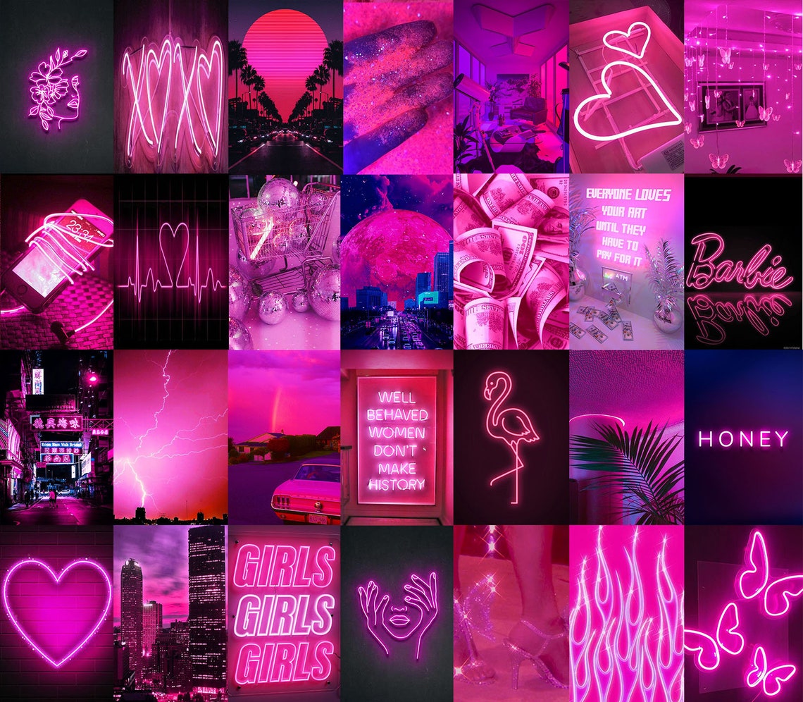 Pink Neon Photo Collage Kit Hot Pink Aesthetic Baddie Room | Etsy