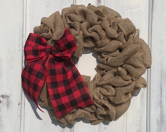 Burlap Wreath: Farmhouse Christmas Decor with Red Buffalo Plaid Bow