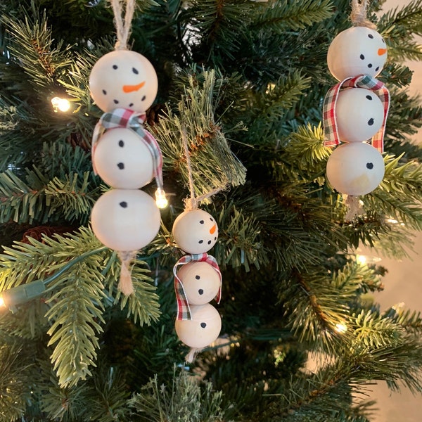 Wood Bead Snowman Ornaments Set of 3 | Farmhouse Tree Decor | Wooden Bead Ornaments | 2020 Bestseller