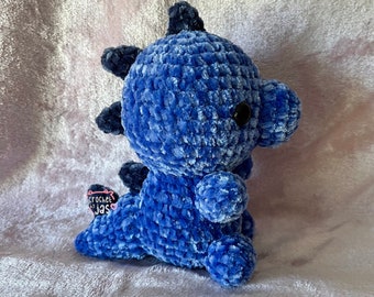 Crochet Dinosaur Toy Amigurumi Soft Velvet Plush | Medium T-Rex Blue Chubby Sitting