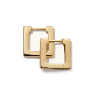 May include: A pair of gold square hoop earrings. The earrings are simple and elegant.