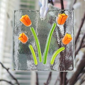 Handcrafted Tulip Fused Glass Suncatcher, Window Decor