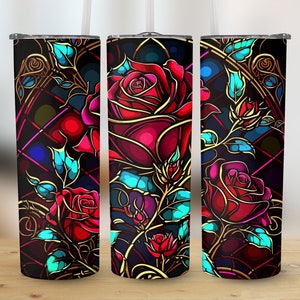 Stained Glass Neon Roses 20oz Skinny Tumbler Design, Straight & Tapered Stained Glass PNG Sublimation Clipart, Instant Digital Download PNG