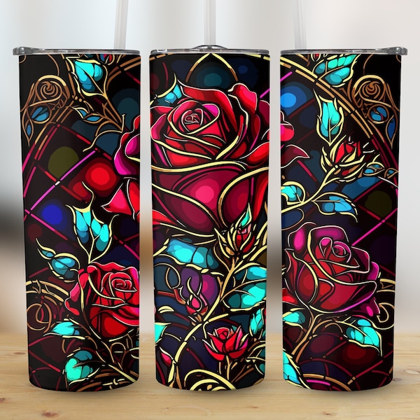 Stained Glass Neon Roses 20oz Skinny Tumbler Design, Straight & Tapered Stained Glass PNG Sublimation Clipart, Instant Digital Download PNG