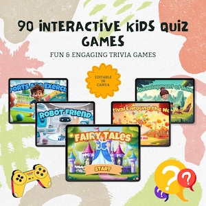 90 Canva Games for Kids | Interactive Quiz Bundle Ages 5–8 | Editable Kids Quiz | PLR MRR Classroom & Homeschool Template