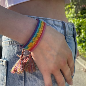 Embroidered bracelet with desired text and personalization, woven bracelet, friendship bracelet, event bracelet, Pride, beige, bracelet, Mother's Day Rainbow