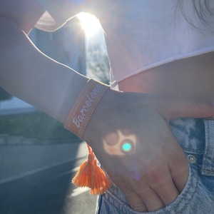 Embroidered bracelet with desired text and personalization, woven bracelet, friendship bracelet, event bracelet, Pride, beige, bracelet, Mother's Day Orange