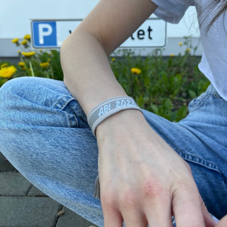 Embroidered bracelet with desired text and personalization, woven bracelet, friendship bracelet, event bracelet, Pride, beige, bracelet, Mother's Day Gray