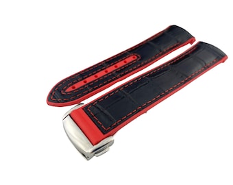 20mm 22mm Black-Red Leather/Rubber Silicone Strap Band fits OMG SeaMaster PlanetOcean Watches Deployment Clasp/Buckle + Pind/Tool