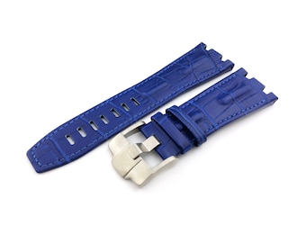 28mm Blue Genuine Leather Strap Band fit AP Royal Oak Offshore BUCKLE