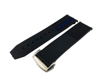 Correa de silicona de caucho negra/azul de 21 mm y 22 mm compatible con relojes OMG SpeedMaster, cierre/hebilla desplegable, todos los colores + alfiler/herramienta