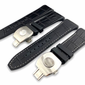 Top Quality 28mm Black / Black with White Stitches Rubber-Leather Strap Band fit FRM Vanguard V45 watches Clasp Buckle
