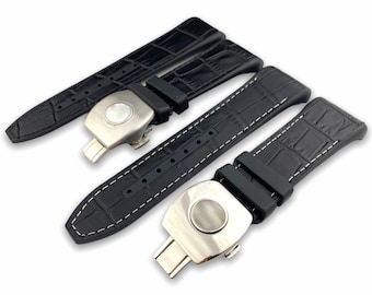 Bracelet en cuir et caoutchouc de qualité supérieure, noir/noir avec coutures blanches, convient aux montres FRM Vanguard V45, boucle à fermoir